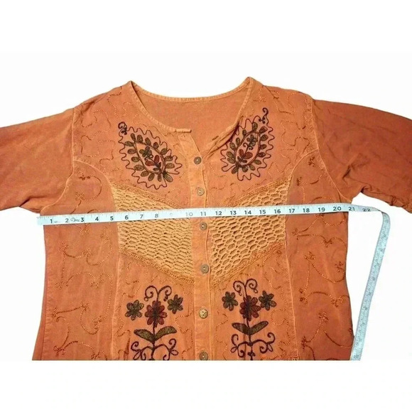 Vintage Boho Terracotta Maxi Dress with Crochet Accents and Floral Embroidered L - Picture 8 of 13